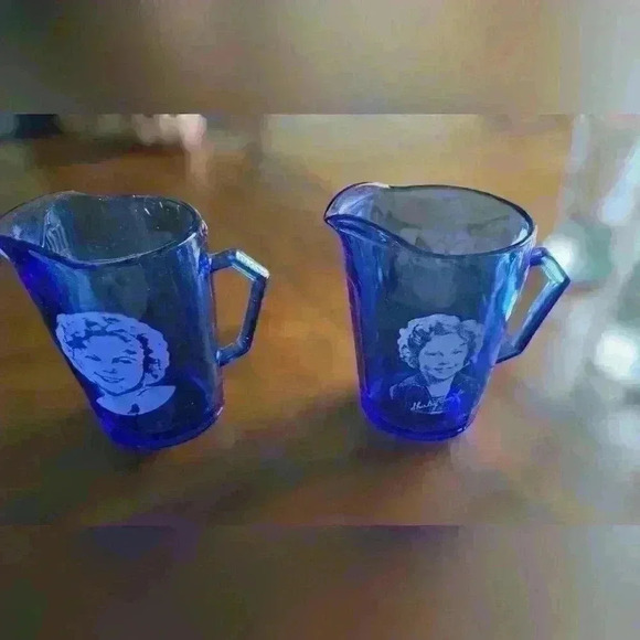 Shirley Temple 1930s Depression Blue Glass Pitcher 2pc - Picture 4 of 13